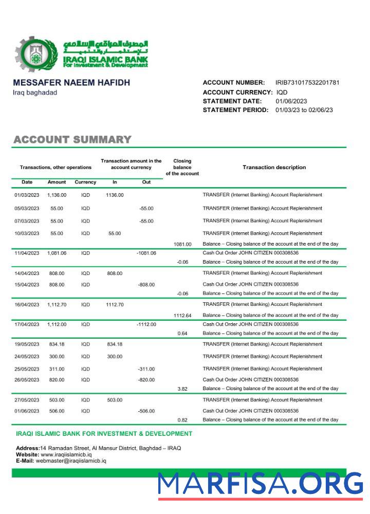 Blank Iraq Islamic Bank For Investment & Development bank statement excel sample